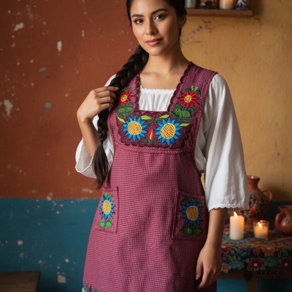 Reds Mexican Embroidered Apron – Basic Handmade Apron with Floral Design - Picture 4 of 9